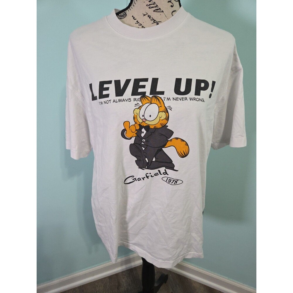 Garfield level up white shirt mens small